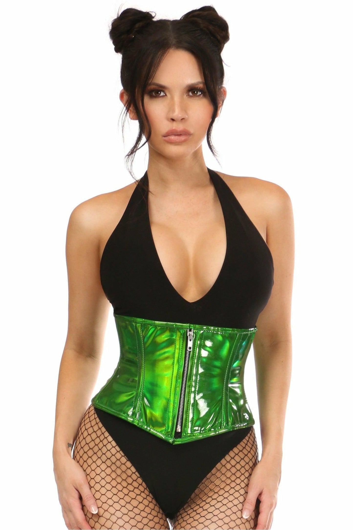 Top Drawer Green Holo Steel Boned Mini Cincher - Daisy Corsets