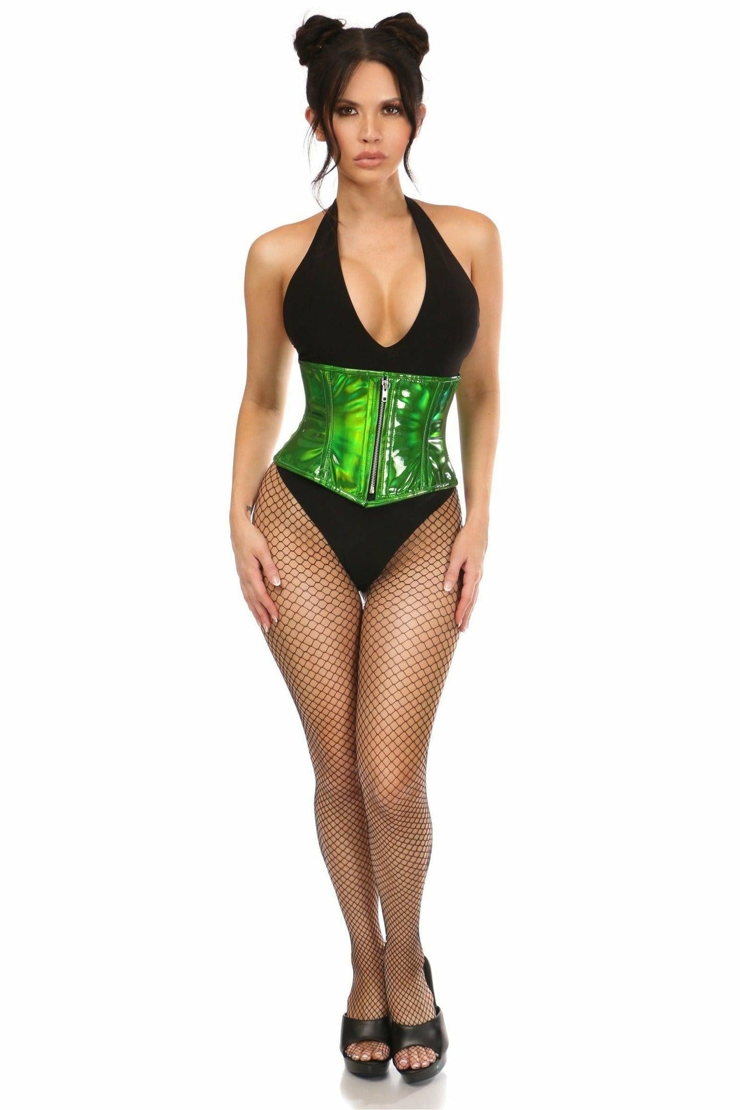 Top Drawer Green Holo Steel Boned Mini Cincher - Daisy Corsets