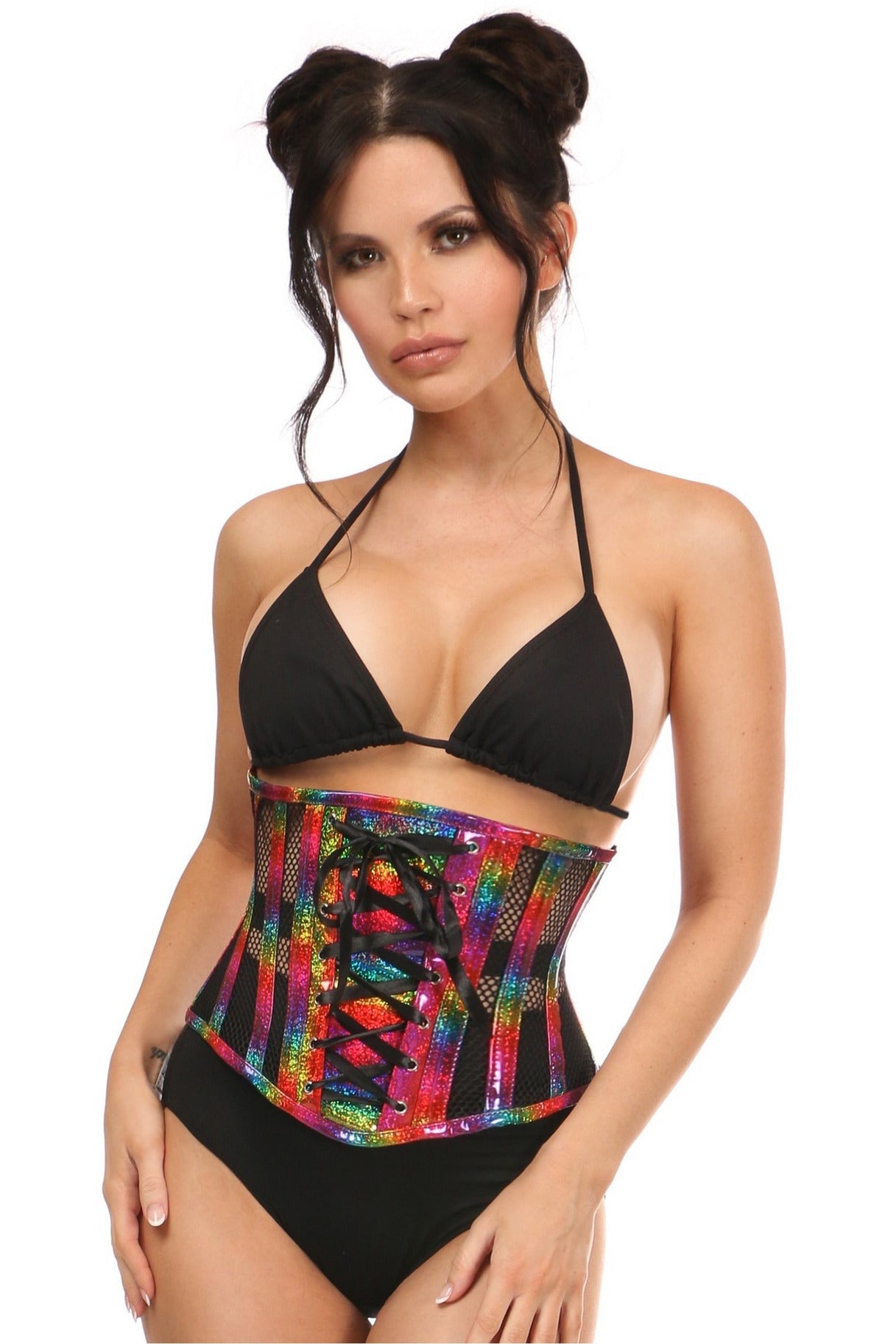 Top Drawer Rainbow Glitter PVC Steel Boned Underbust Corset w/Lace-Up Front