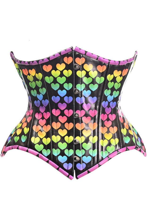 Top Drawer Rainbow Hearts Double Steel Boned Curvy Cut Underbust Cincher Corset