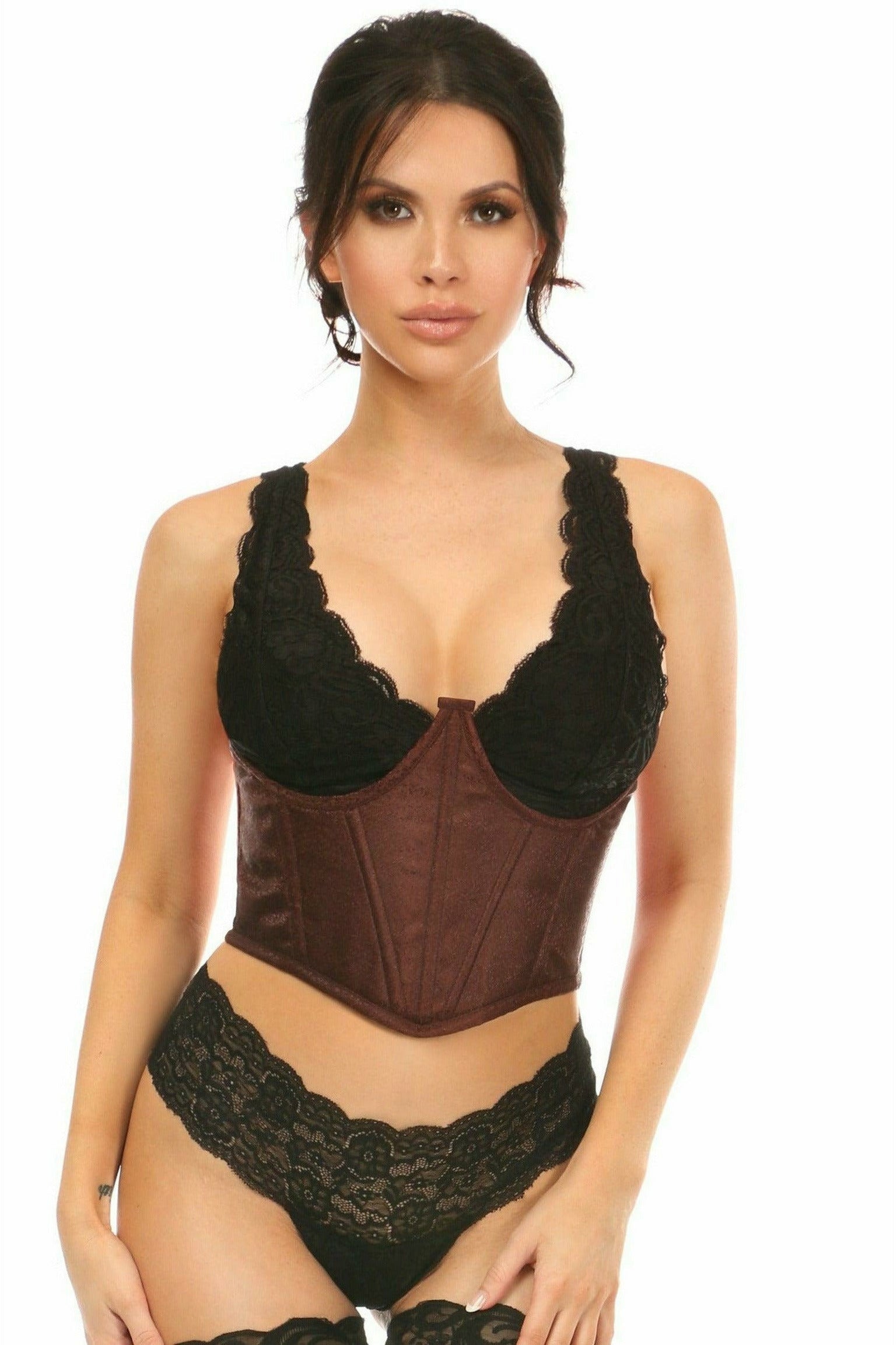 Lavish Dark Brown Brocade Open Cup Waist Cincher - Daisy Corsets