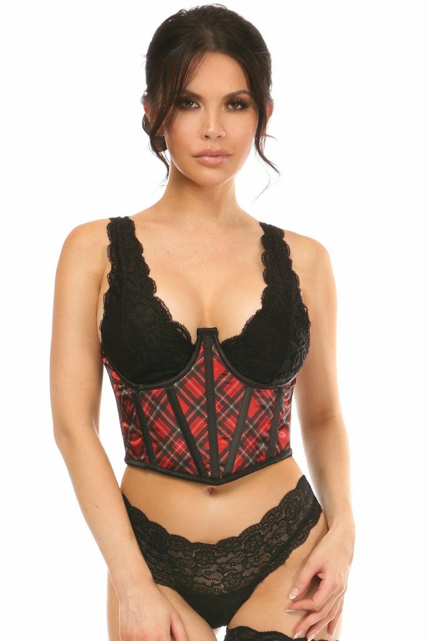 Lavish Red Plaid Satin Open Cup Waist Cincher - Daisy Corsets