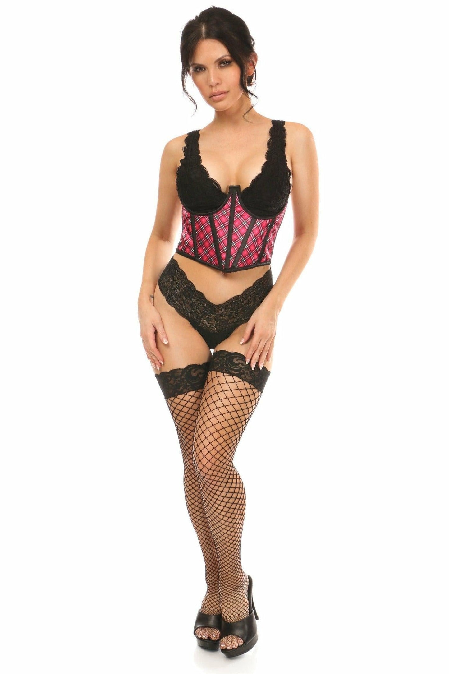 Lavish Pink Plaid Satin Open Cup Waist Cincher - Daisy Corsets