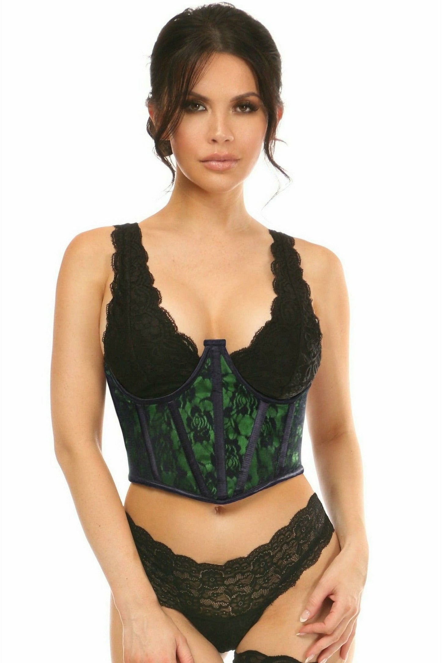 Lavish Green w/Black Lace Overlay Open Cup Waist Cincher - Daisy Corsets