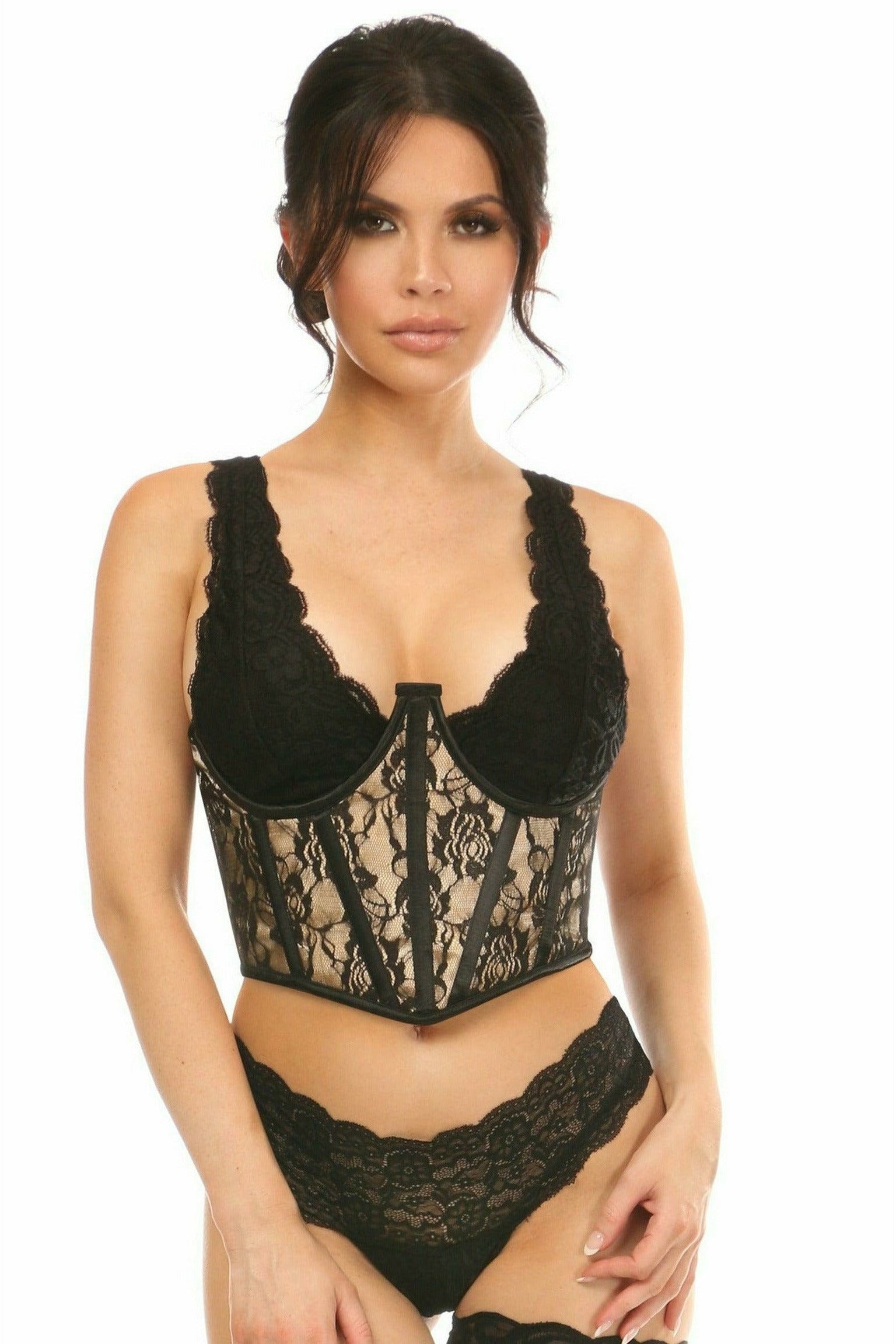 Lavish Tan w/Black Lace Overlay Open Cup Waist Cincher - Daisy Corsets