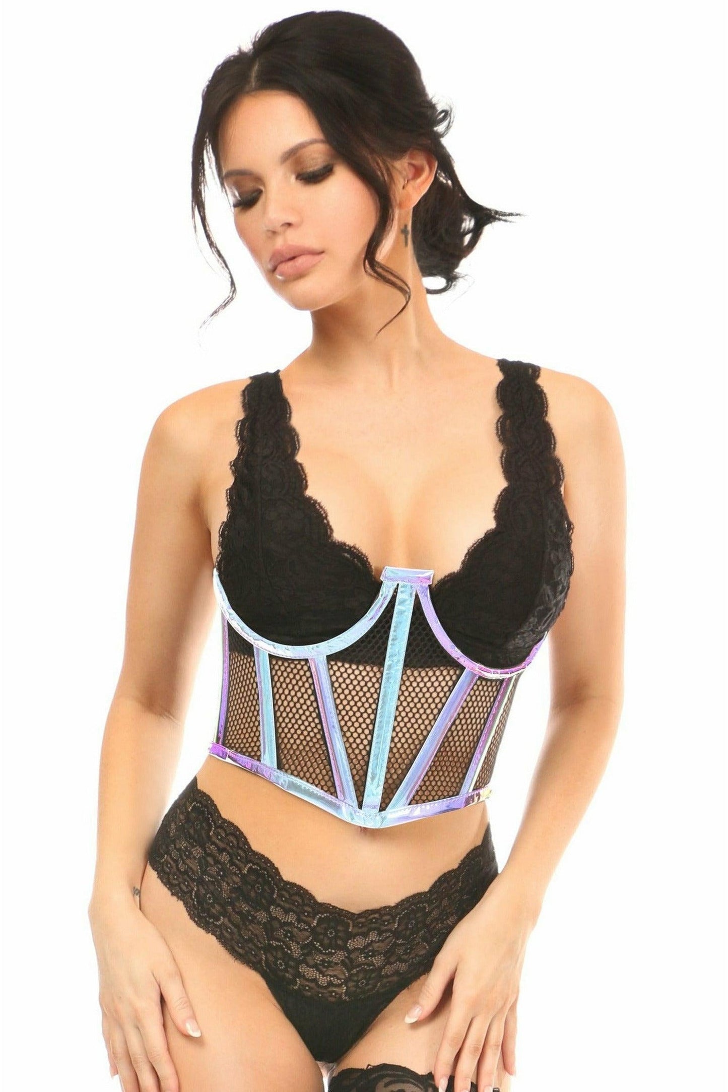 Lavish Blue/Purple Holo & Fishnet Underwire Waist Cincher Corset - Daisy Corsets