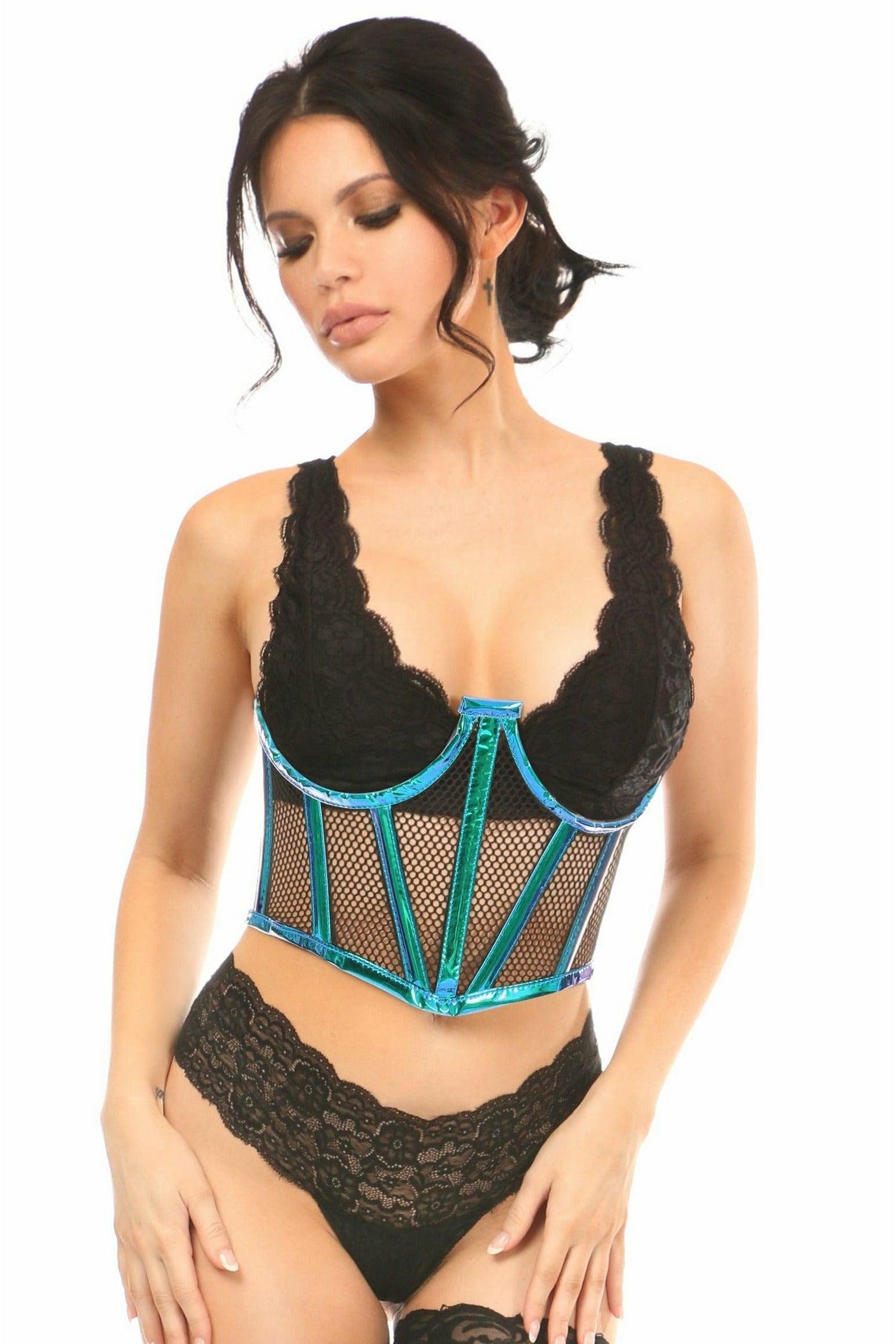 Lavish Blue/Teal Holo & Fishnet Underwire Waist Cincher Corset - Daisy Corsets