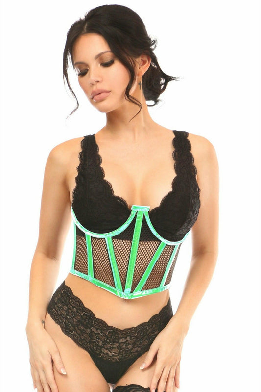 Lavish Mint Green Holo & Fishnet Underwire Waist Cincher Corset - Daisy Corsets