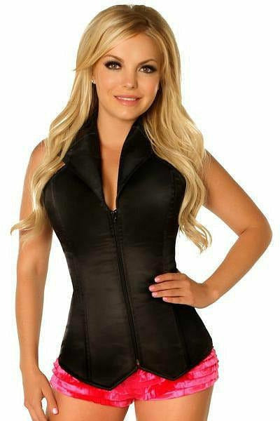 Lavish Black Collared Front Zipper Corset - Daisy Corsets