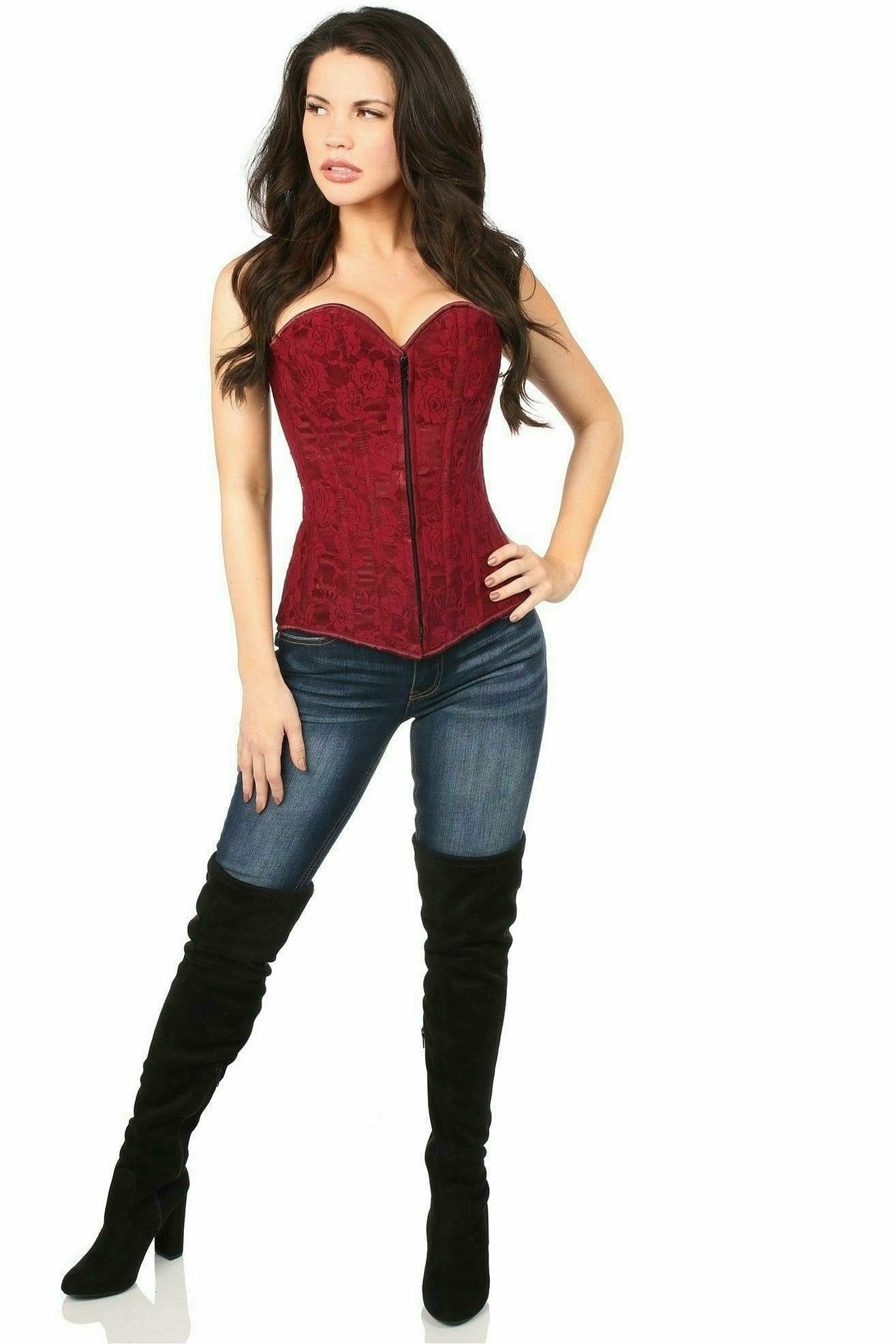 Lavish Wine Lace Overbust Corset w/Zipper - Daisy Corsets