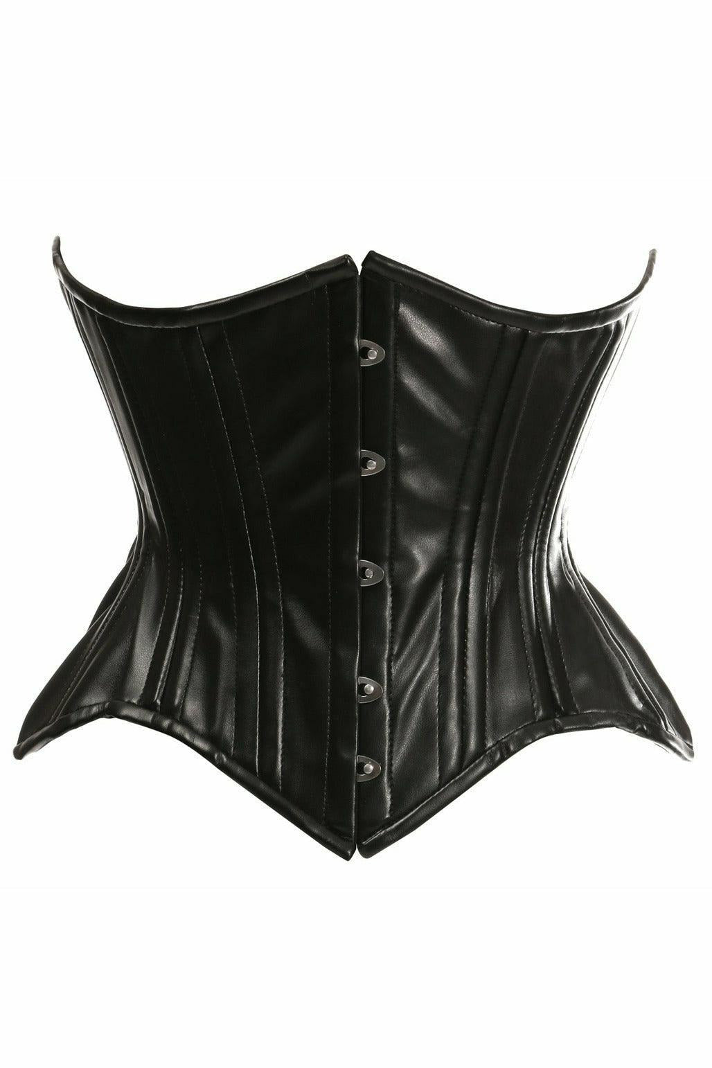 Top Drawer Black Faux Leather Double Steel Boned Curvy Cut Waist Cincher Corset - Daisy Corsets