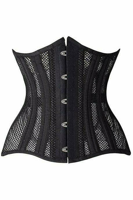 Top Drawer Black Fishnet Double Steel Boned Curvy Cut Waist Cincher Corset - Daisy Corsets