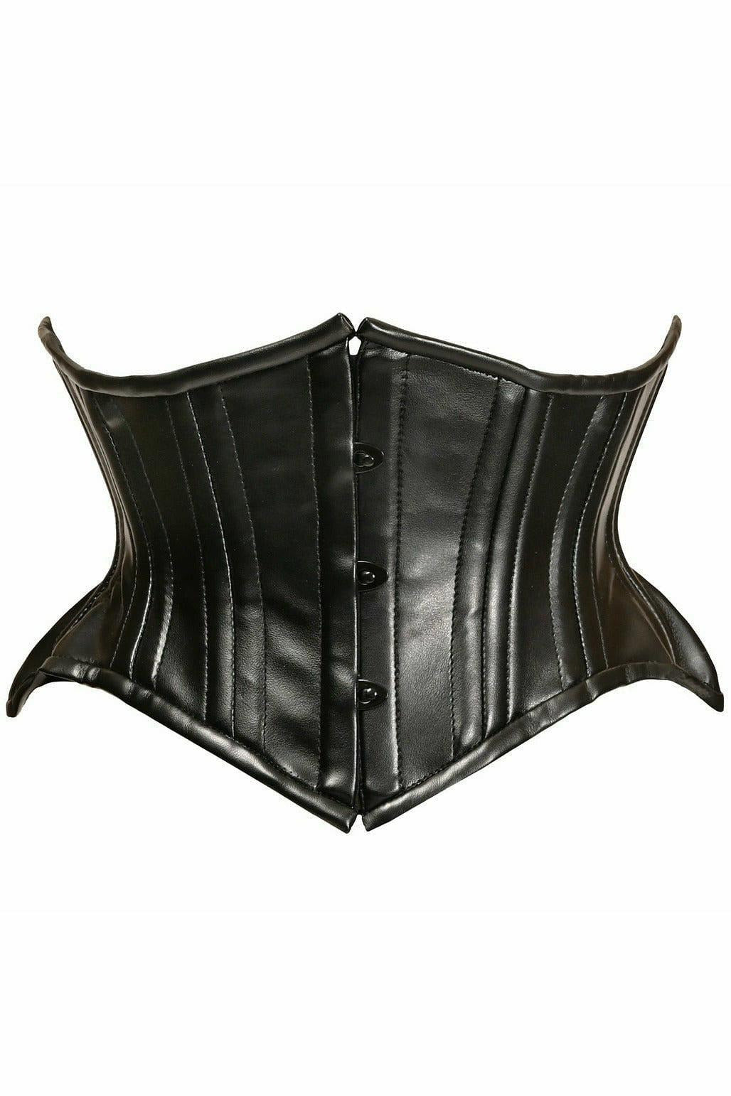 Top Drawer Black Faux Leather Double Steel Boned Curvy Cut Waist Cincher - Daisy Corsets