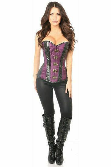 Top Drawer Plum Brocade & Faux Leather Steel Boned Corset - Daisy Corsets