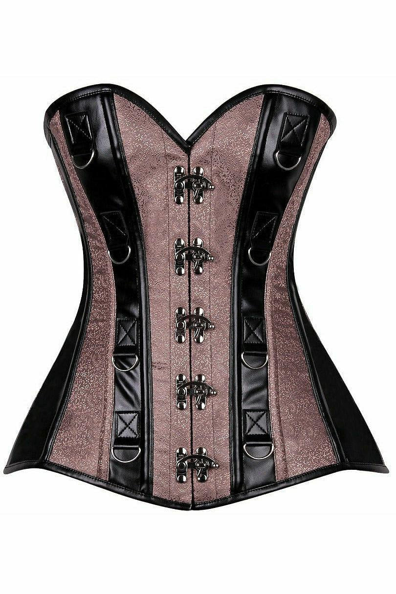 Top Drawer Gunmetal Brocade & Faux Leather Steel Boned Corset - Daisy Corsets