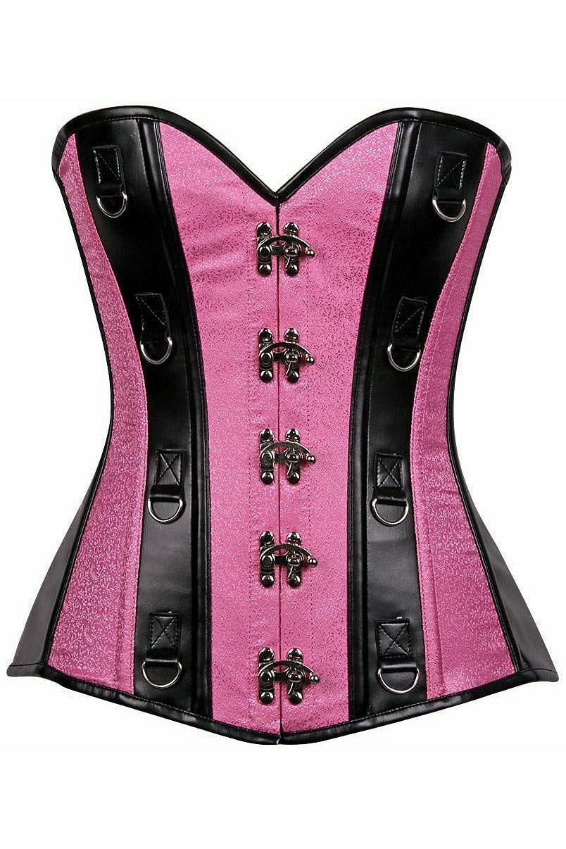 Top Drawer Pink Brocade & Faux Leather Steel Boned Corset - Daisy Corsets