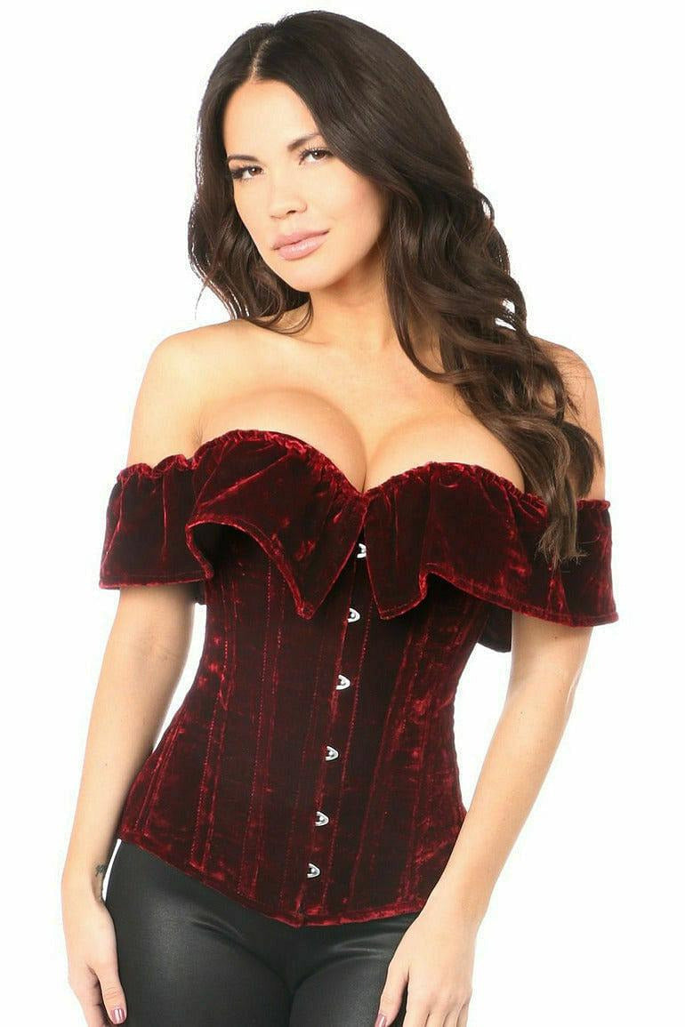 Top Drawer Dark Red Velvet Off-The-Shoulder Steel Boned Corset - Daisy Corsets